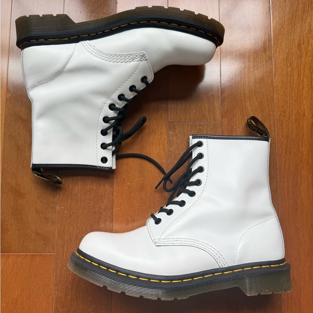 Dr. Martens White Leather Platform Combat Boots with Black Laces